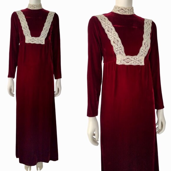 Vintage Dresses & Skirts - Vintage 1970s Red Velvet Empire Waist Long Sleeved Mock Neck Maxi Dress